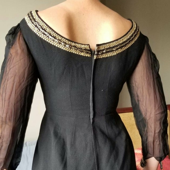 50's Gold Soutache Chiffon Balloon Sleeves Dress - Picture 8 of 9